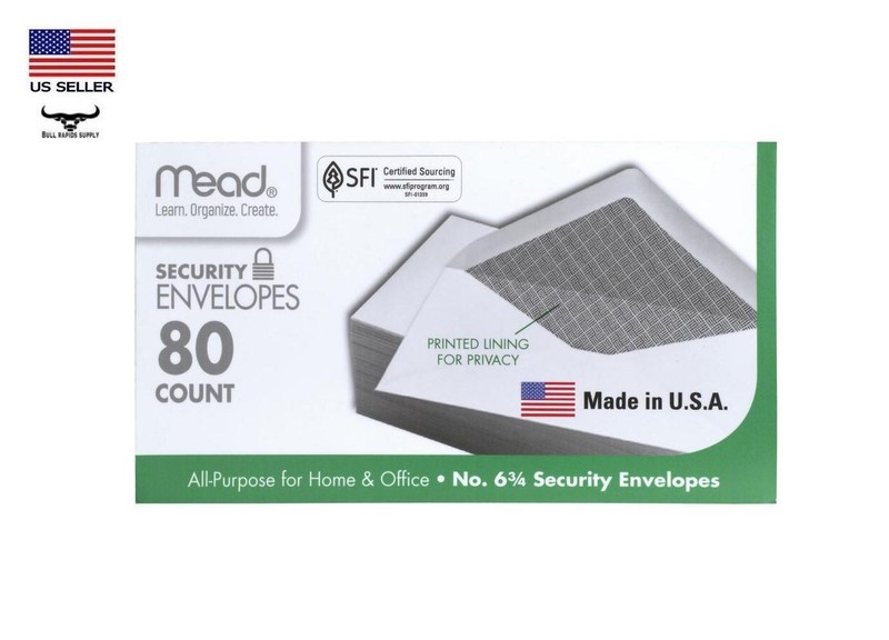 Mead No. 6 3/4 Security Envelopes with Gummed Closure, 80 Count MADE in the USA