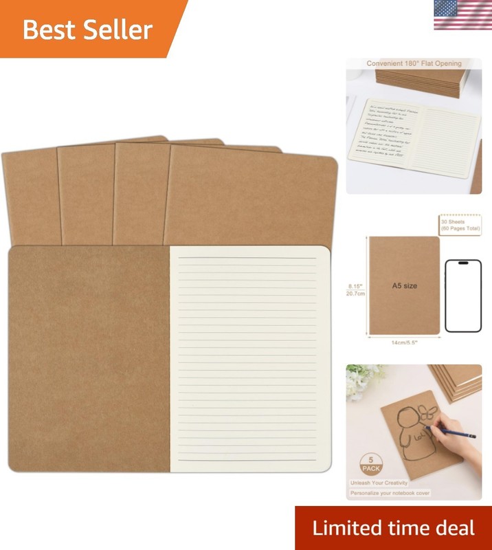5 Pack A5 Kraft Notebooks Bulk, 8.15×5.5 Inches Lined Paper Journaling Notebo…
