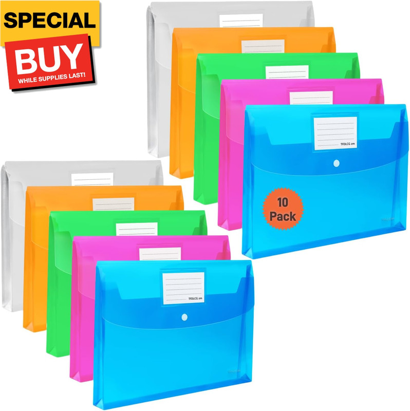 10 Pack Plastic Envelopes with Snap Closure, Poly File Envelopes with Label Pock