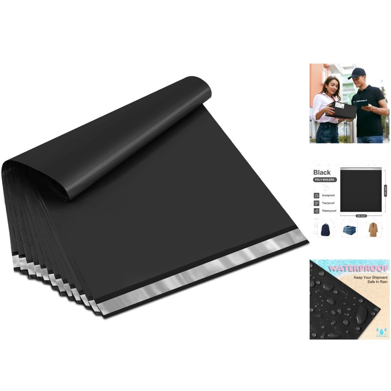 24×24 Black Poly Mailers – 100 Count Strong, Waterproof, and Self-Sealing Bags