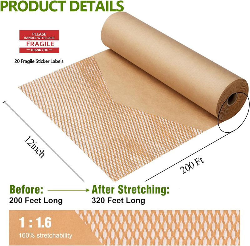 Honeycomb Packing Paper,12" W x 200' L Bubble Cushioning Wrap for Moving,Product gallery