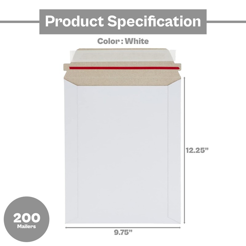 Rigid Photo Document Mailers Shipping Envelopes White 9.75" x 12.25" 200 Pieces gallery