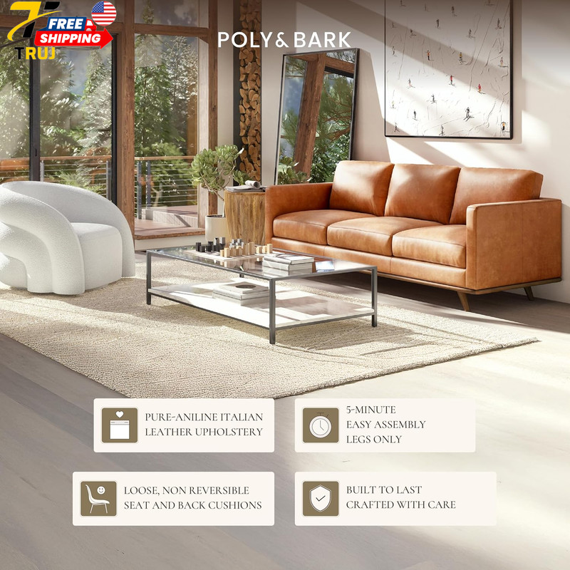 85” Leather Sofa Full-Grain Italian Aniline Leather Feather-Down Comfort Solid W gallery