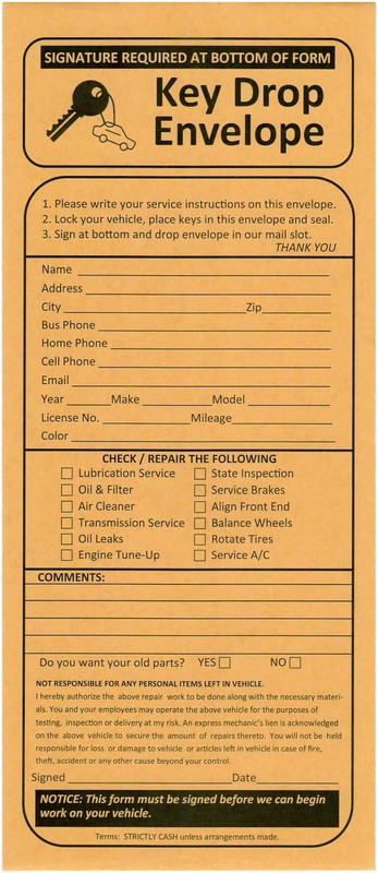 100 Night Drop Key Envelopes – Auto Repair Shops and Mechanics Gummed