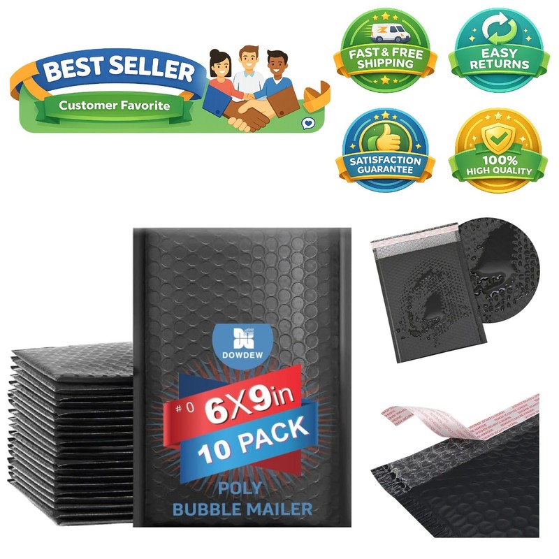 Durable & Lightweight Bubble Mailers – 10 Pack 6×9 Self-Sealing Black Envelopes