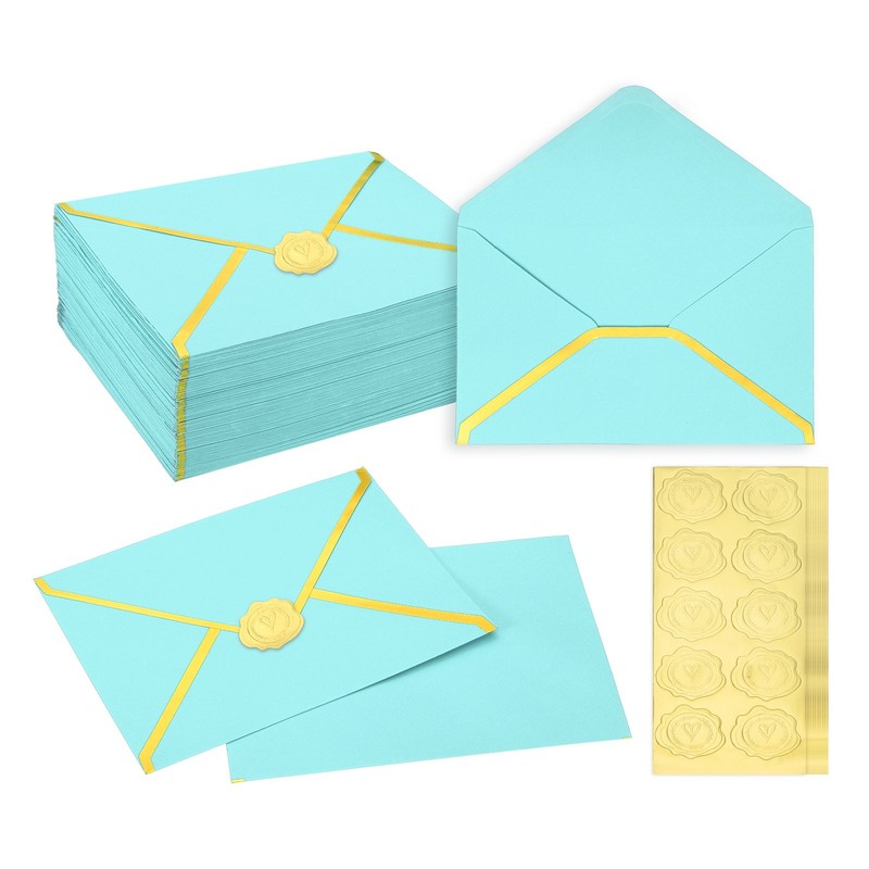 100 Pcs A7 7.3×5.3″ Gold Border Envelopes for Wedding Invitation, Light Blue