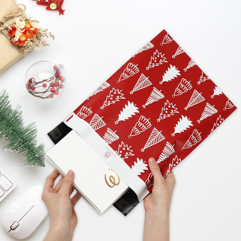100Pcs Christmas Poly Mailers 10 x 13 Inch Red Xmas Pine Tree Envelope Mailer... gallery