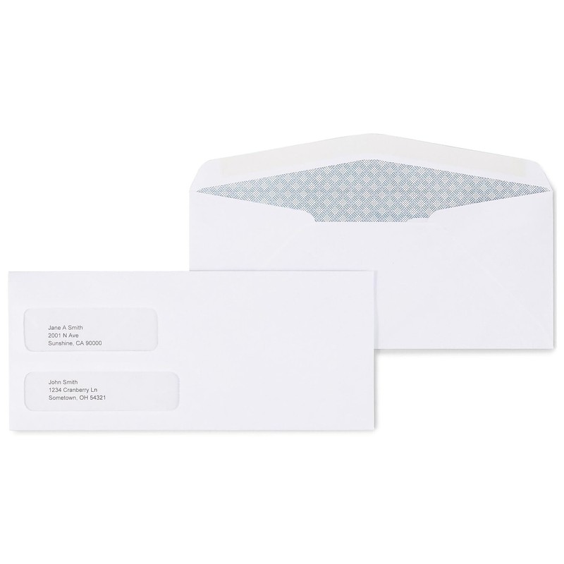 Double-Window Security Tinted Business Envelopes, Gummed Closure, 500 Pack, 9.5″