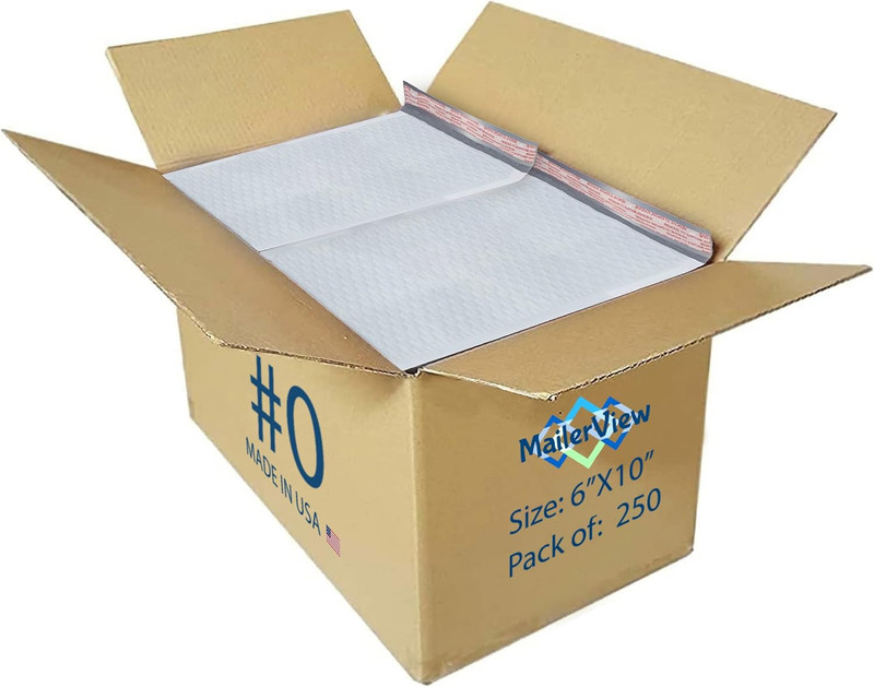 250 Pack USA Made Poly Bubble Mailers (#0) 6X10 Inches Shipping Padded Envelopes