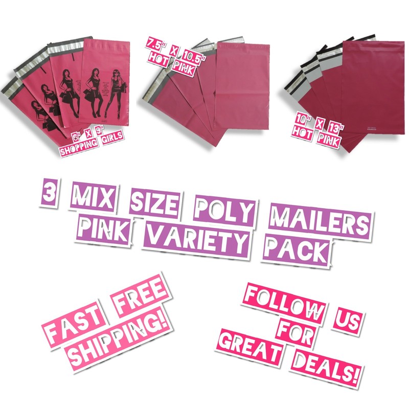 120 Mix Size (6×9, 7.5×10.5 & 10×13) Pink Poly Mailers Variety Pack (40 ea)