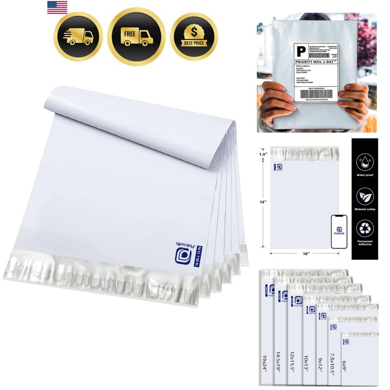 100 pcs 10x13 Inches White x Silver Poly Mailers Shipping Envelopes, Strong A...
