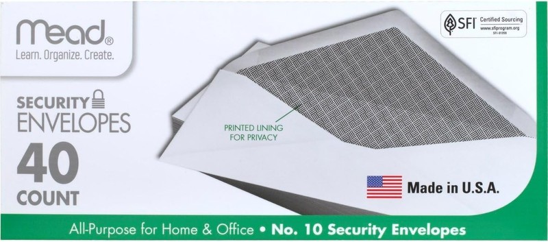 Mead #10 Envelopes, Letter Size, 4-1/8" x 9-1/2", Security Printed Lining for Pr gallery