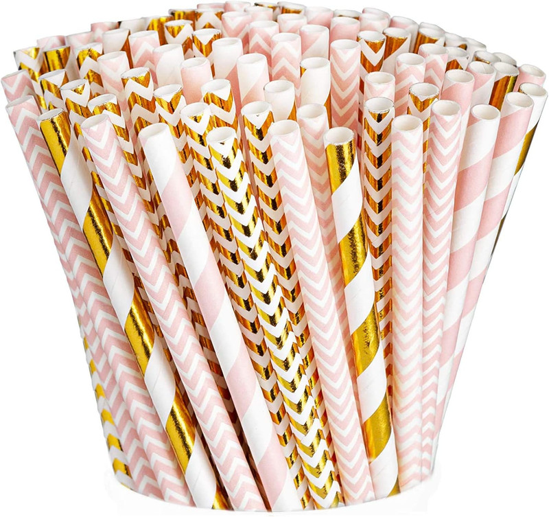 [200 Pack] Light Pink & Gold Paper Straws Disposable, 100% Biodegradable Multi-P