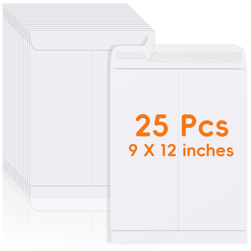 25 Pack Catalog Mailing Envelopes, 9 x 12 Inches Self-Seal White 9×12,