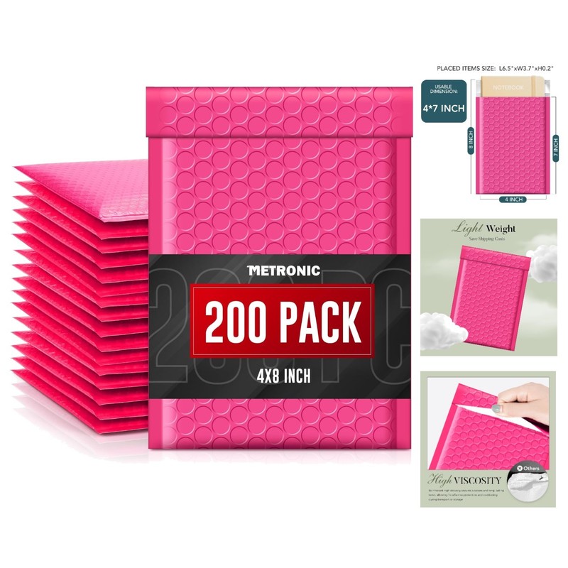 Bulk Pink Bubble Mailers 4×8 – 200 Count Waterproof & Opaque Padded Envelopes