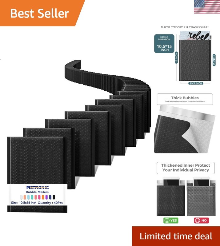 40 Pack Large Black Bubble Mailers 10.5×16