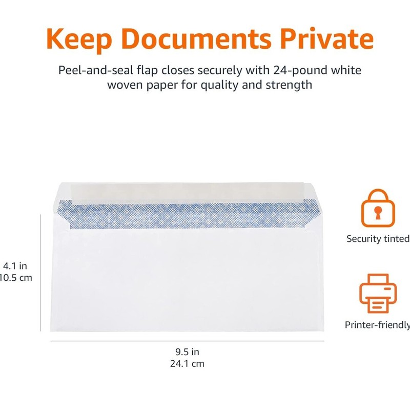 Envelopes #10 Security Tinted Business Amazon Basics Gummed White Lot of 500 Box
