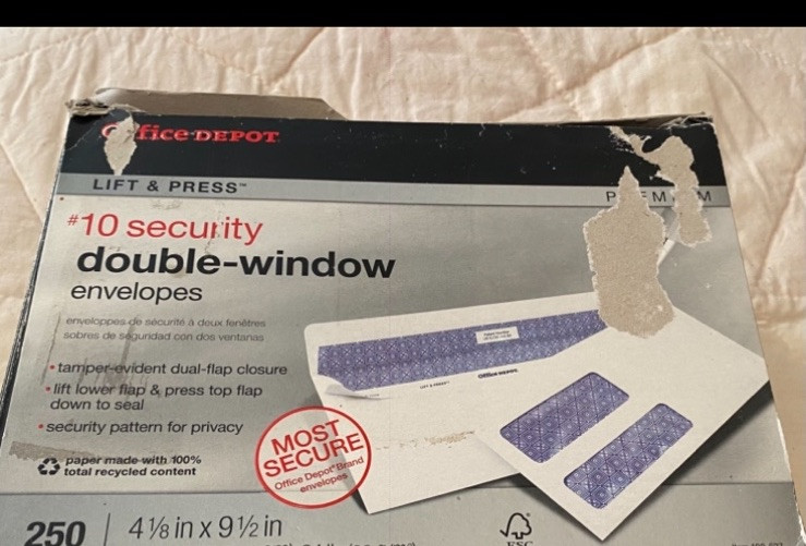 Office Depot~#10 Security Double Window Envelopes~Peel & Seal~Damaged Box