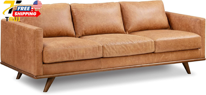 85” Leather Sofa Full-Grain Italian Aniline Leather Feather-Down Comfort Solid W