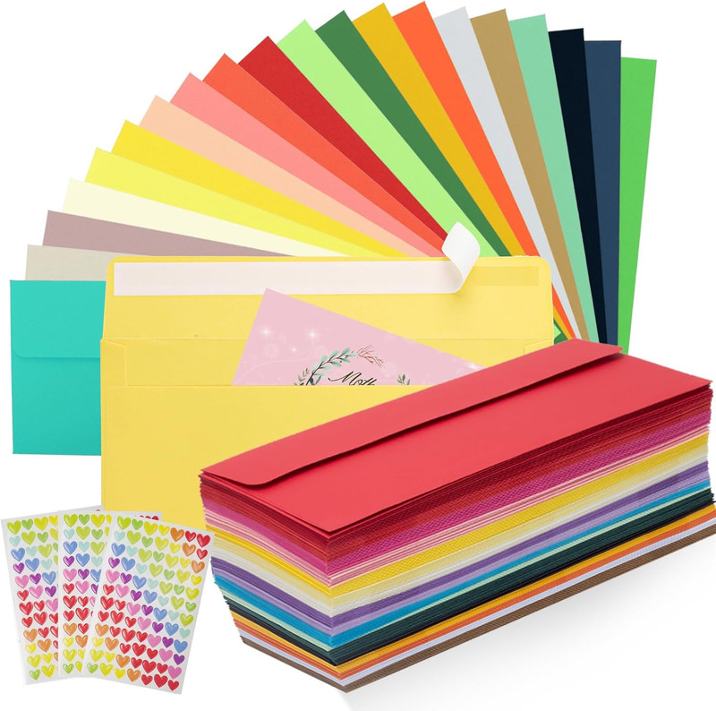 200 PCS Colorful Envelopes, #10 Business Mailing Envelopes Self Seal Square Flap