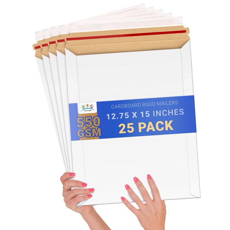 Rigid Mailers, 12.75 x 15 Inch, Kraft Cardboard, White, Seal, 25 Pack