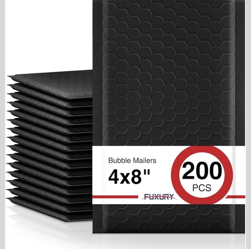 Fuxury Black Bubble Mailers 4×8″ 200 Pack Waterproof Padded Envelopes Self Seal.