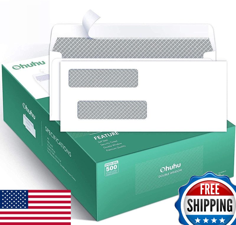 Ohuhu 500 Pack #8 Double Window Envelope SELF SEAL Adhesive Tinted Security Enve