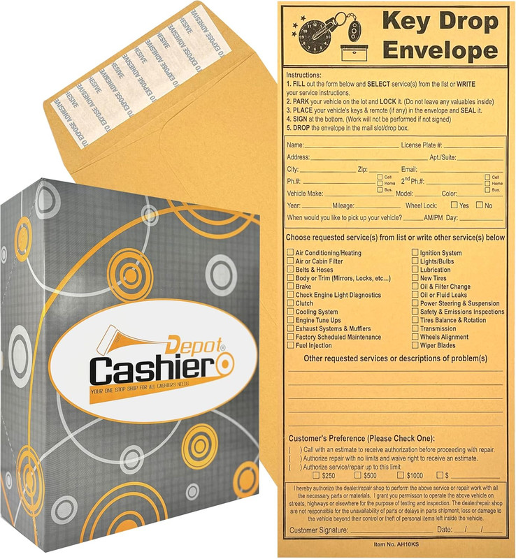 500 Night Key Drop off Envelopes for Auto Shop Repair or Service, 4 1/8" X 9 1/2