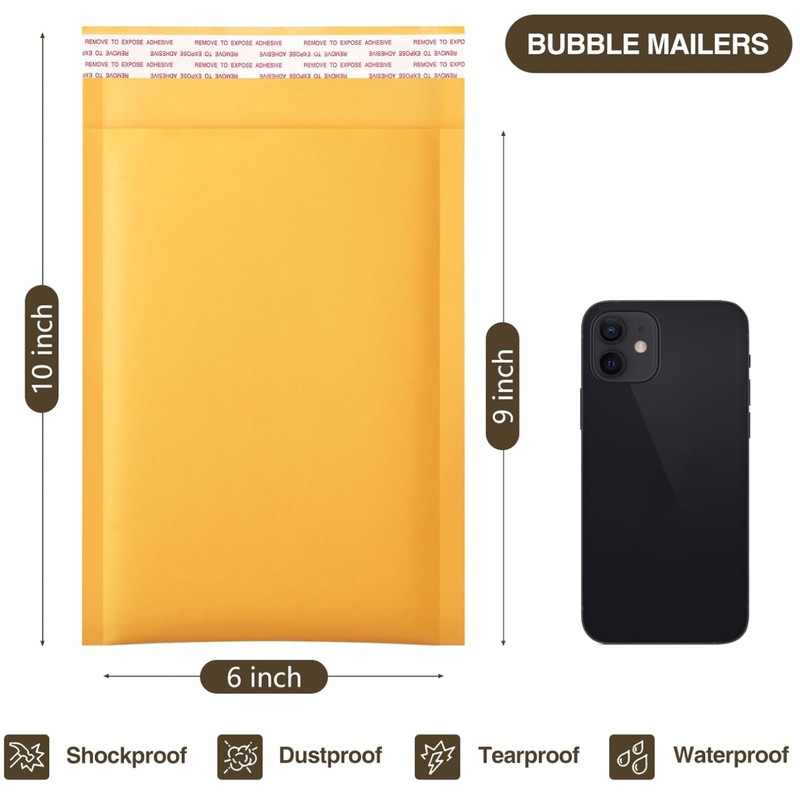 6×10 Inch Yellow Kraft Bubble Mailers 50 Pack