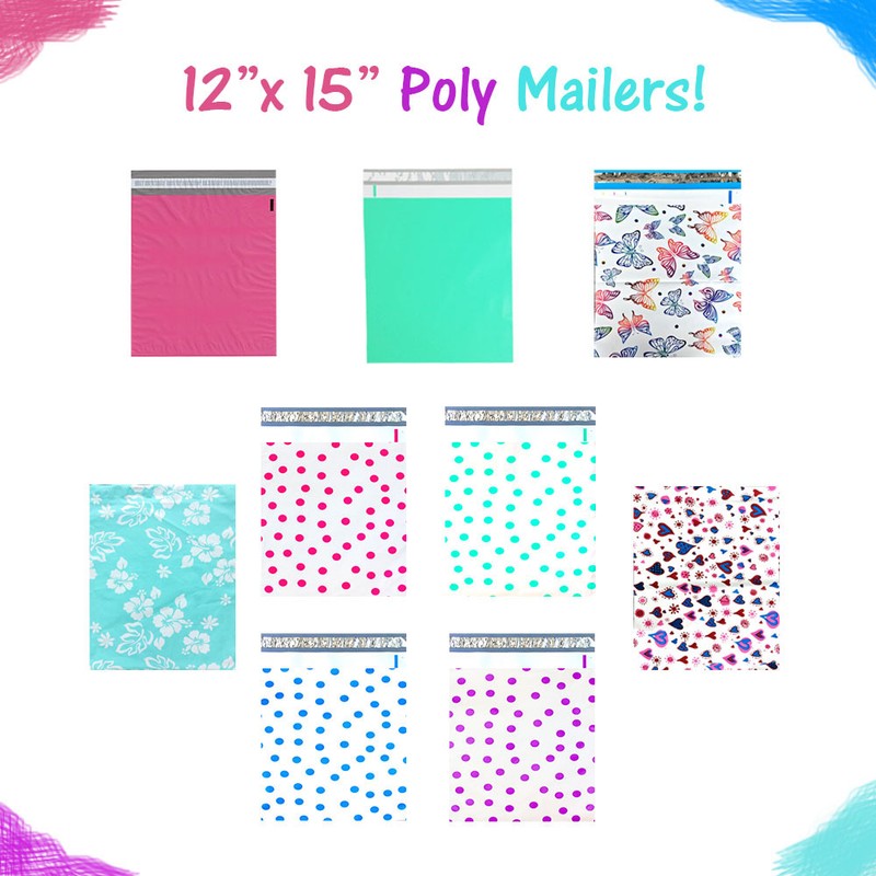 12″ x 15″ Designer Poly Mailers, Pink,Teal, Polka Dots,Hearts Flat Shipping Bags