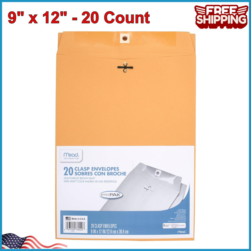 Mead Envelopes Mailing Envelopes 9″ x 12″ with Clasp Closure, Brown Kraft 20CT