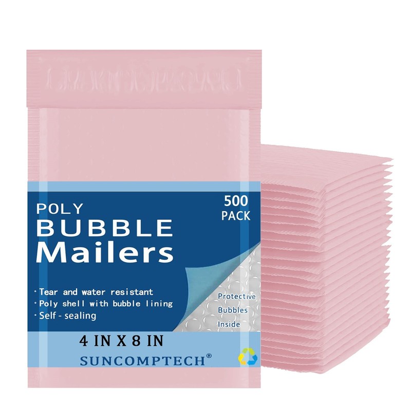 4×8 4×7 Color Poly Bubble Padded Envelopes Mailers Bag , Light Pink, 500 PCS