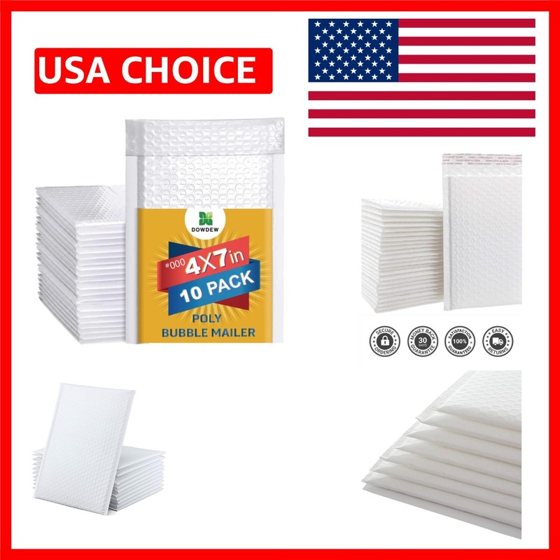 10 Pack White Self-Sealing Poly Bubble Mailers | 4×7 Water Resistant Design