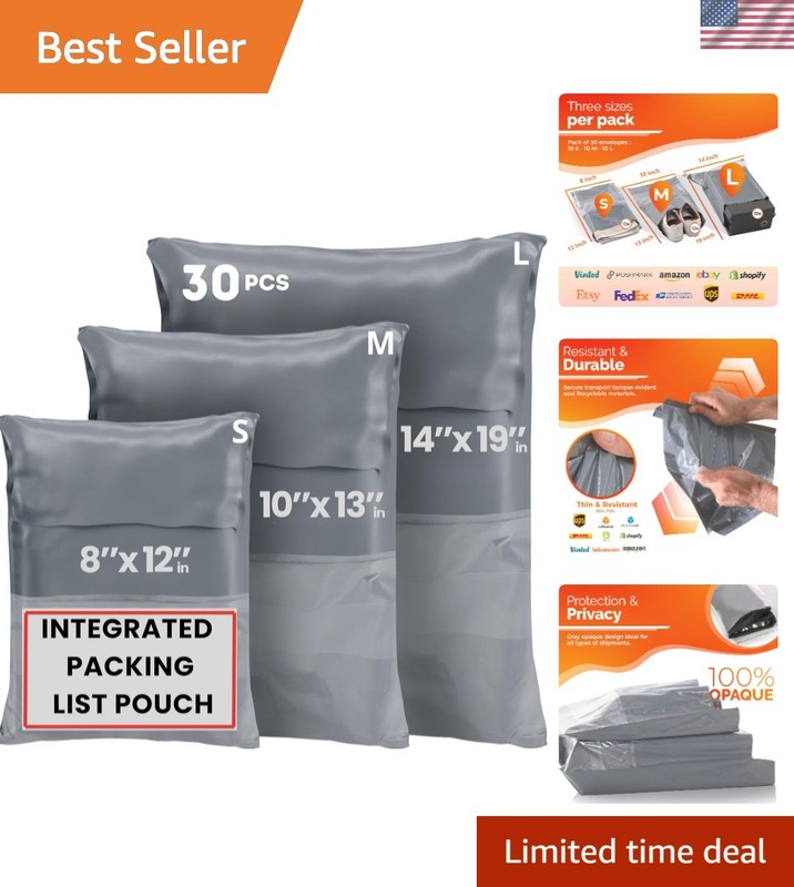 30 Pack Poly Mailers – Grey Self-Seal Shipping Bags, 3 Sizes for E-commerce