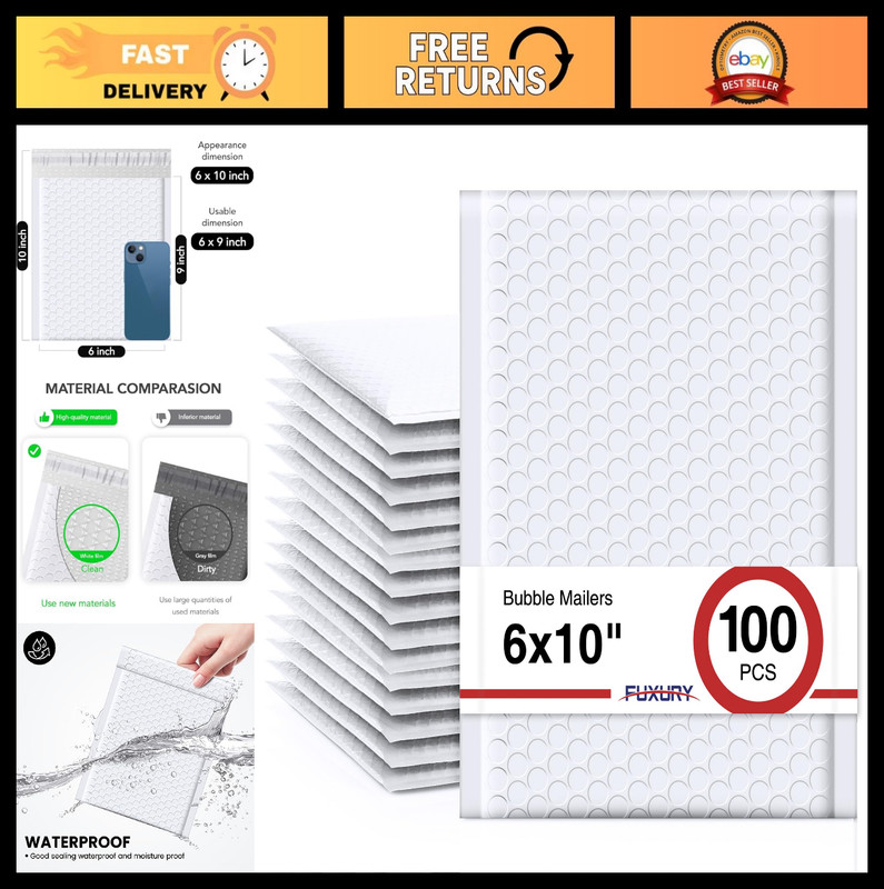 100 Pack White Bubble Mailers 6×10″ Self-Seal Padded Envelopes for Shipping Jewe