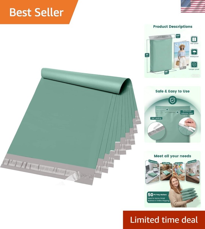 Durable Grayed Jade Green Poly Mailers 10×13 – 50 Pack, Waterproof & Tear Proof