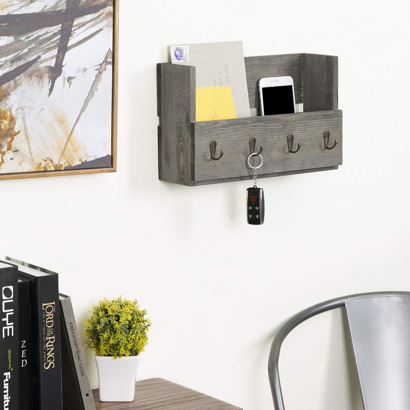 MyGift Rustic Gray Wood Entryway Hanging Mail and Key Small, gallery