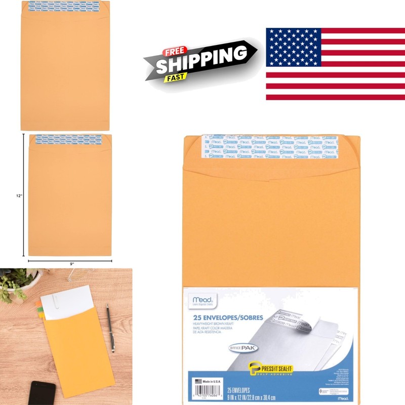 Brown Kraft Envelopes 9 x 12 Self Adhesive Closure 25 Count All Purpose Pack