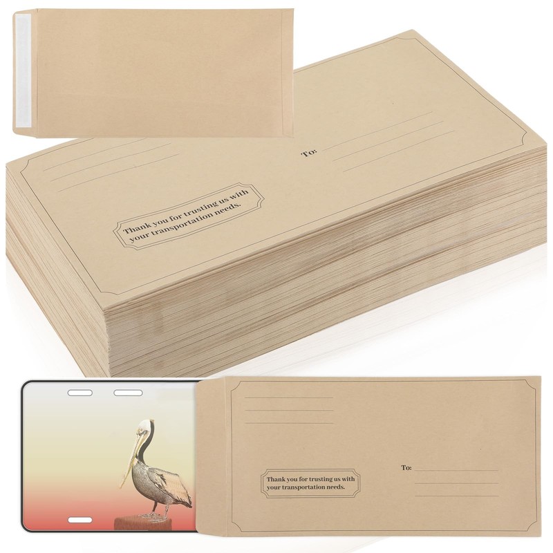 100 Pieces License Plate Envelopes with Seal Bulk 13 x 6-1/2 inch Brown Kraft...