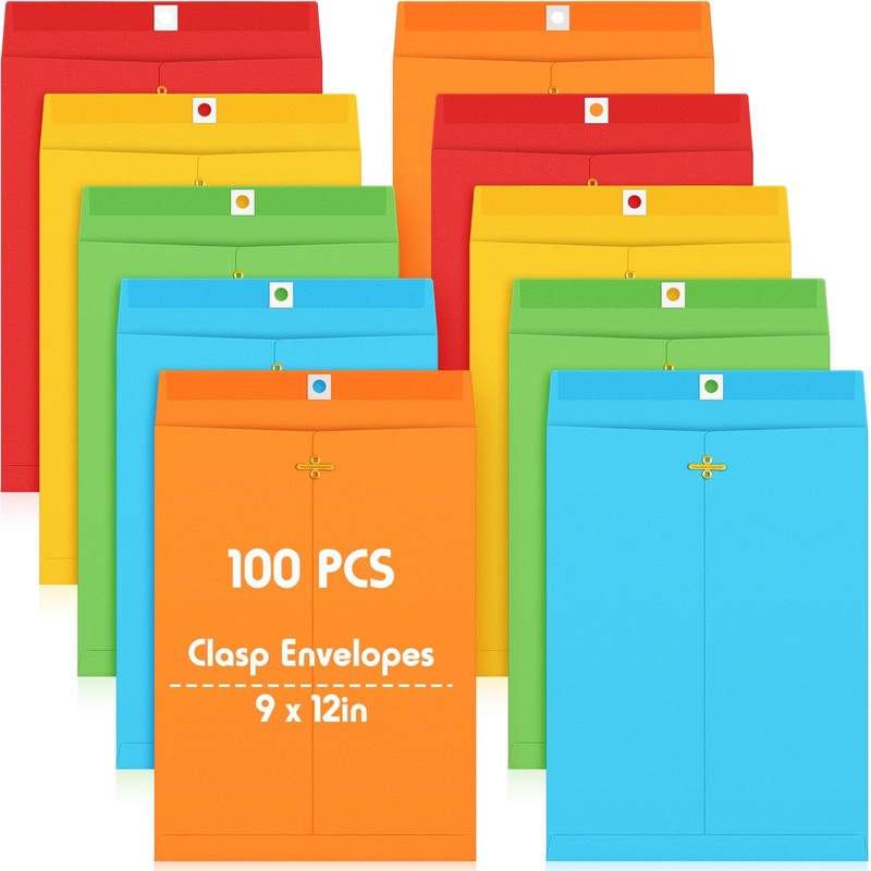 100 Pcs Clasp Manilla Envelopes 9 x 12 Inch Gummed Colored Envelopes for Stor…