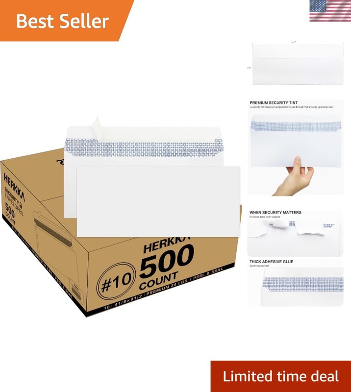 Windowless Self-Seal 500 Pack Envelopes with Security Tint for Confidential Mail