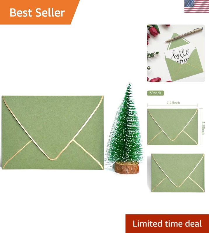 Thick Luxury Sage Green Envelopes with Gold Border – 5.25 x 7.25 Inches, 25 Pack