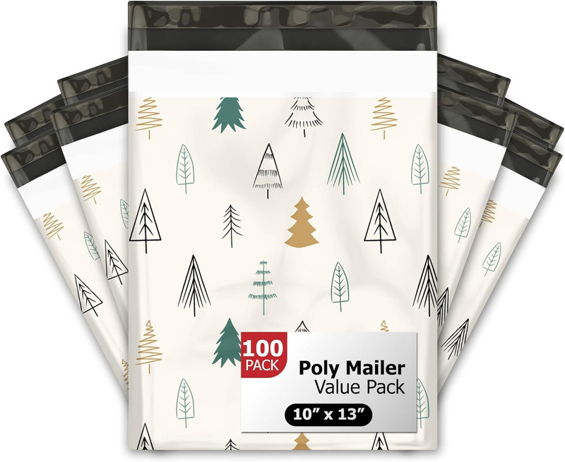 10X13 (100) Christmas Fir Trees Winter Designer Poly Mailers Self Sealing Waterp