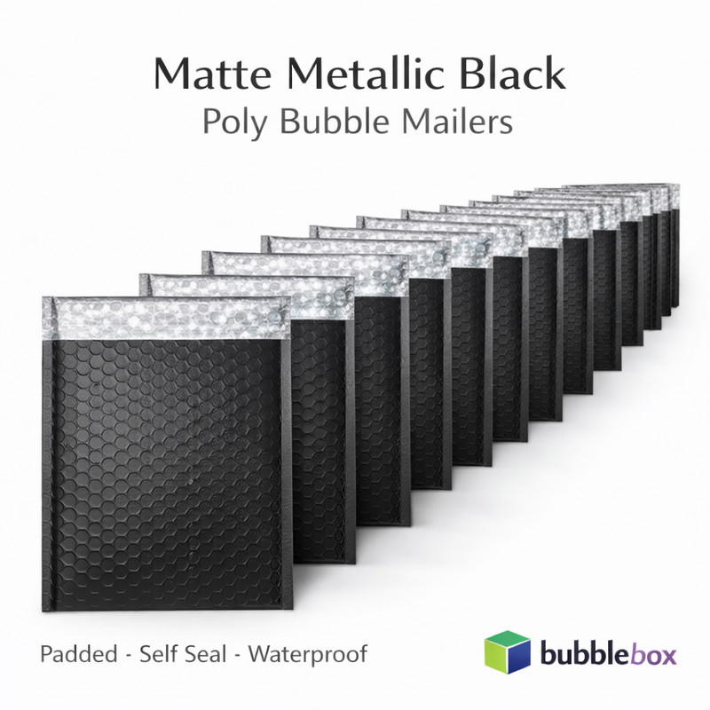 Matte Metallic Black Poly Bubble Mailers 6.5 x 10 | Padded Shipping Envelopes
