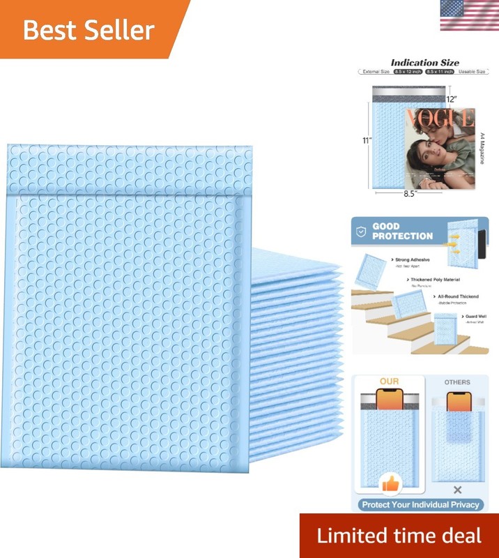 Chic Light Blue Bubble Mailers 8.5×12” – 25 Pack Self-Seal Shipping Envelopes