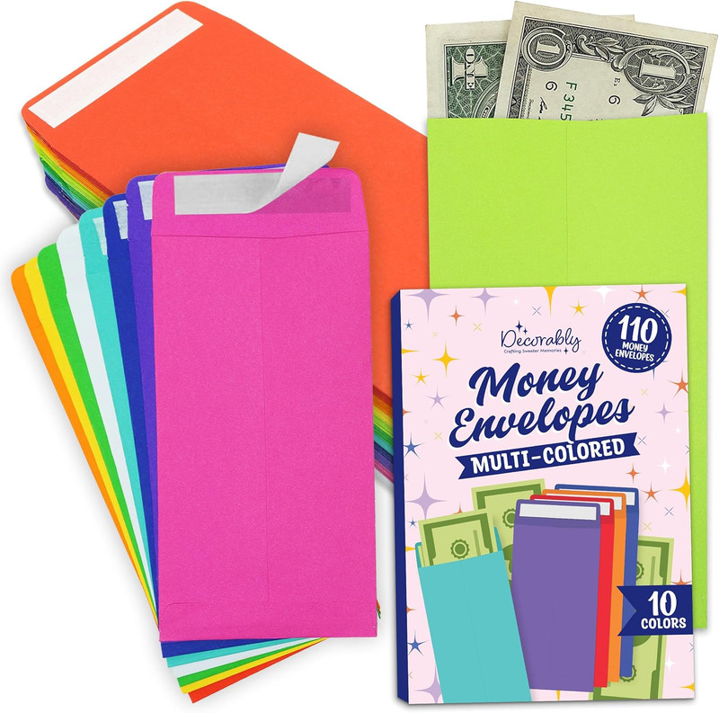 110 Pack Colorful Money Envelopes for Cash, 6.5″ x 3.5″ with Self-Adhesive; thic