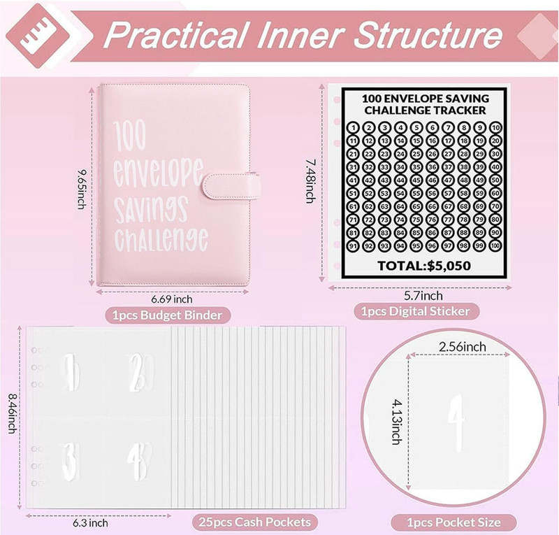 100 Envelope Money Saving Challenge Binder Budget Book Cash Organizer Pink gallery