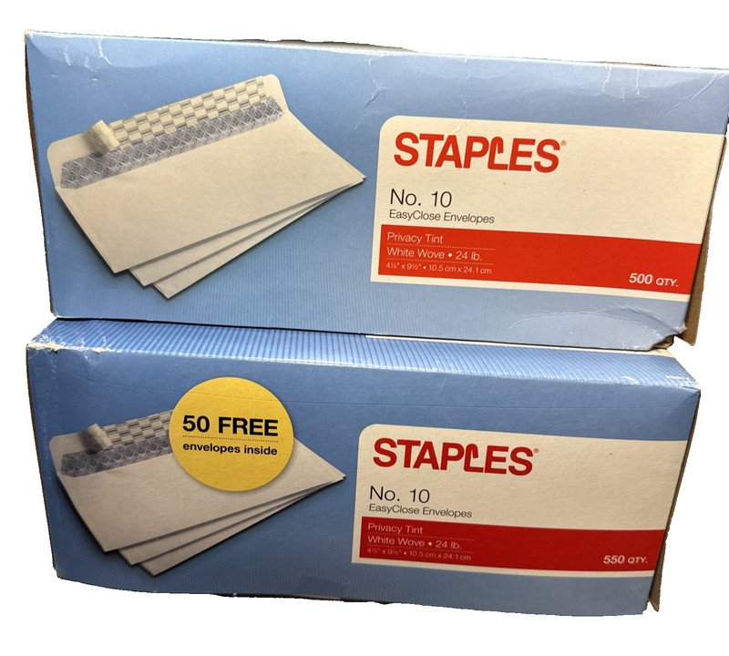 Business Envelopes Security # 10 500/Box Staples 4-1/8 x 9-1/2 Lot of 1,000