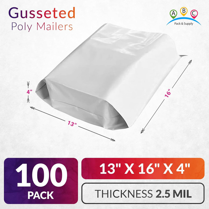ABC White Gusseted Poly Mailers, 13 X 16 X 4 Inch. Pack of 100 Expansion Poly Ma gallery