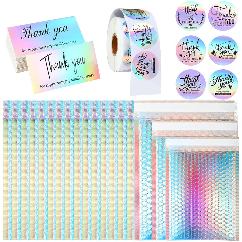 50 Pcs Holographic Bubble Mailers,Metallic Bubble Mailers With Thank You Card…